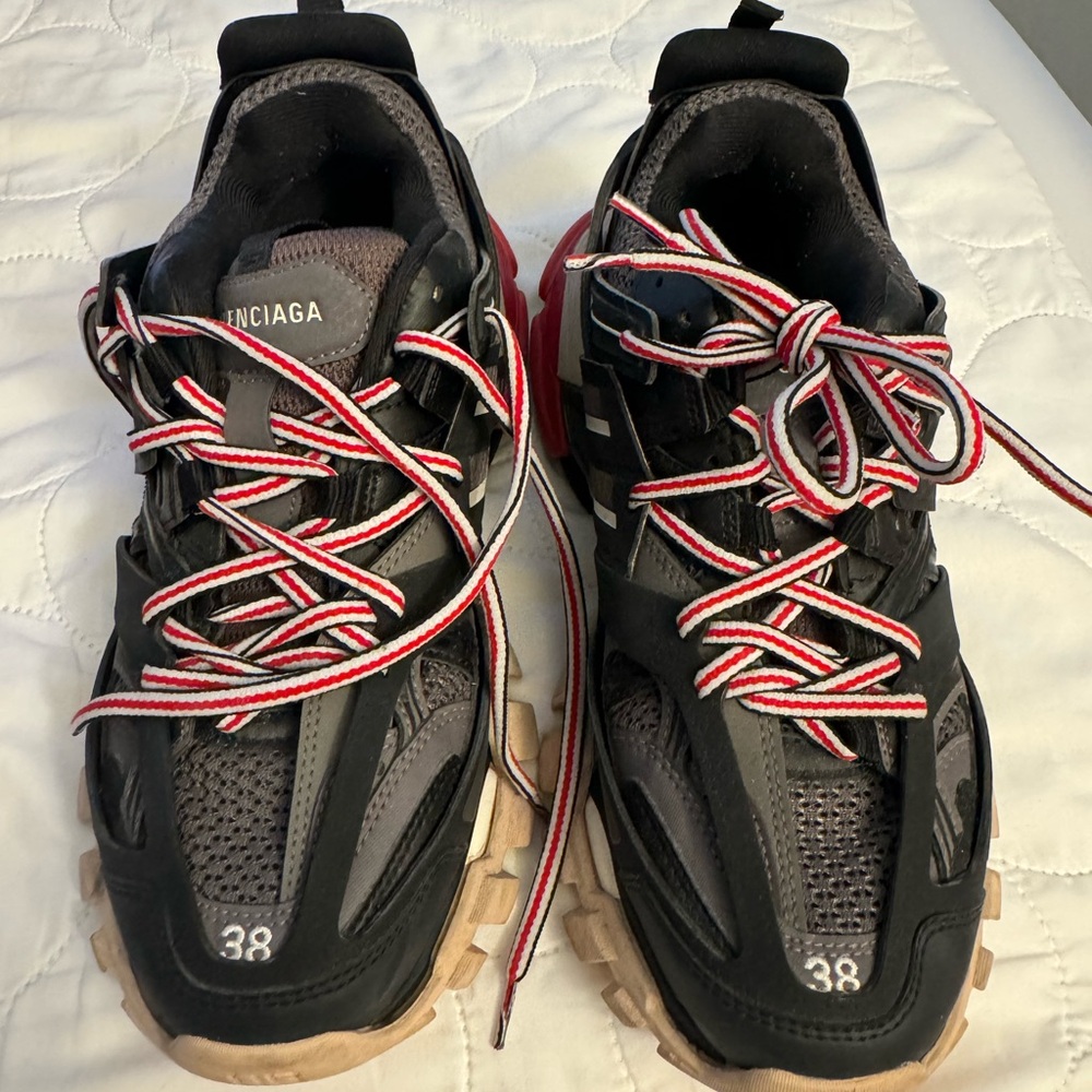 Balenciaga Black and Gray Sneakers with Red and White Laces